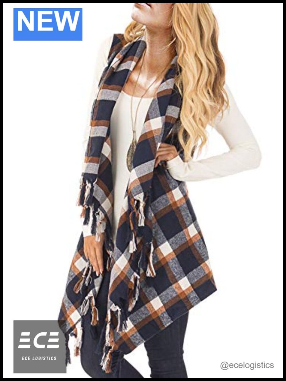 Womens Plaid Sleeveless Cardigan Vest Asymmetrical Tassel Hem Christmas Long